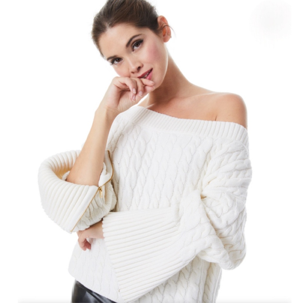 Alice + Olivia Ina Off White Wool Blend Cable Knit Pullover Sweater Large